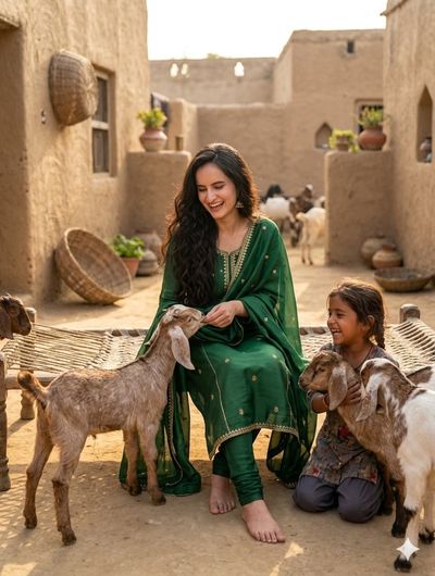 Woman in green salwar kameez feeds a goat kid in sunlit courtyard