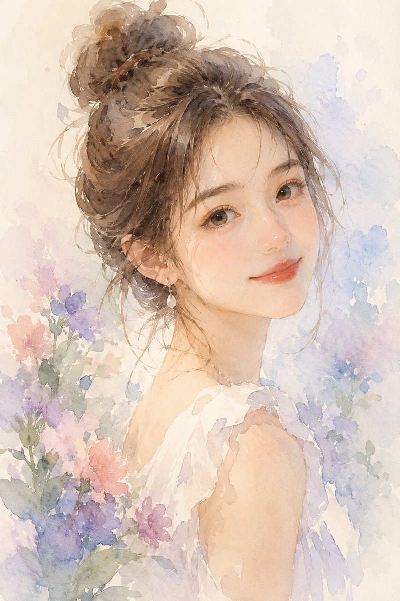 Soft watercolor portraits of a couple framed by blooms