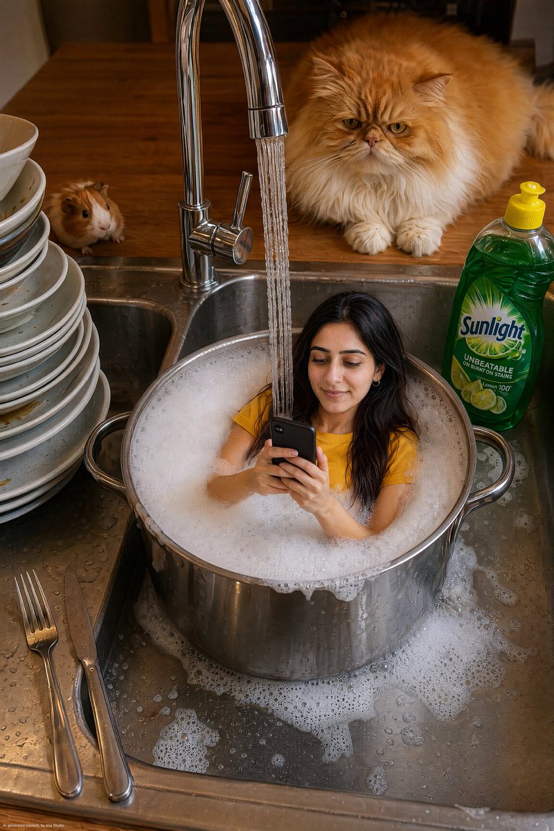 A tiny woman relaxes in a foamy pot under a running faucet