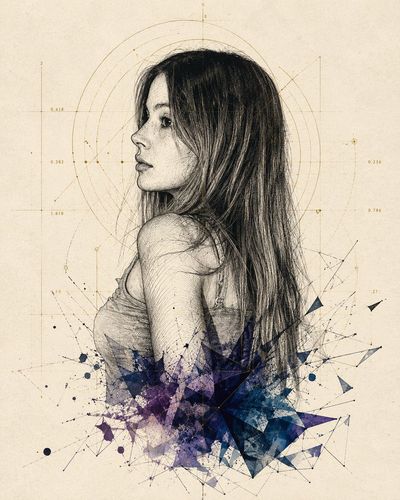 Geometric ink portrait with golden circles and cross-hatching