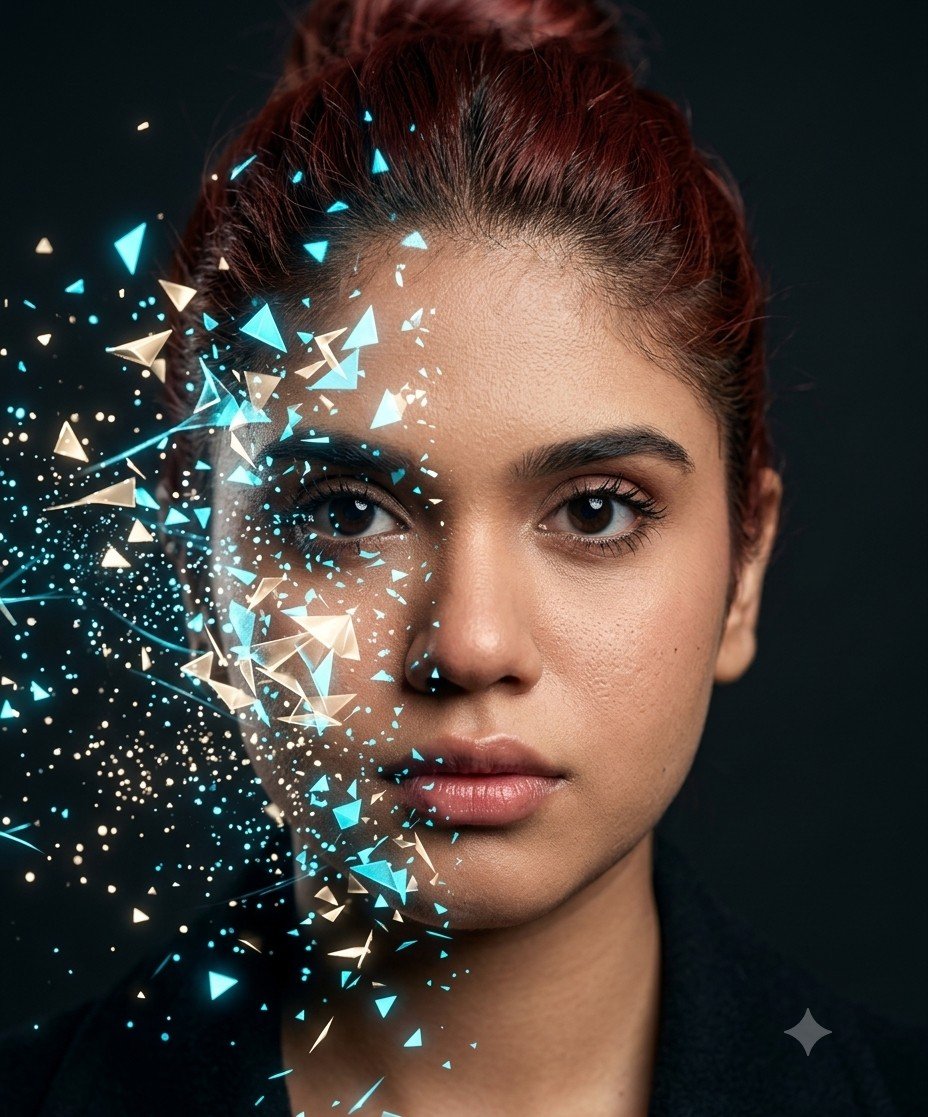 A woman's face dissolves into luminous cyan and gold particles