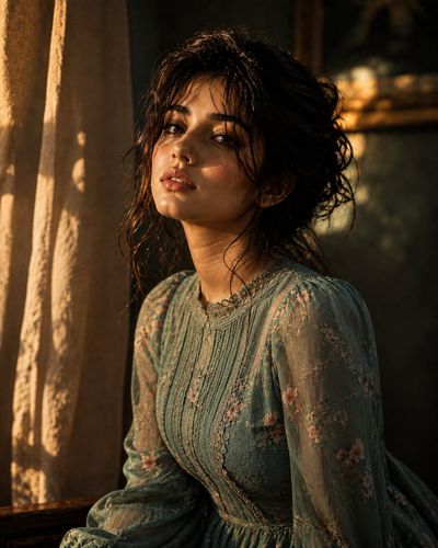 Golden hour light reveals her serene gaze and vintage dress