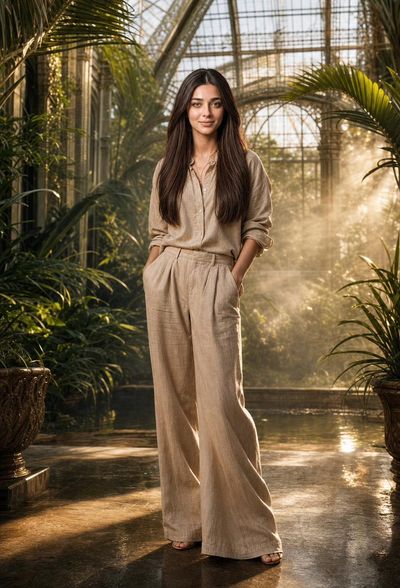 Model stands in a sunlit greenhouse wearing beige linen
