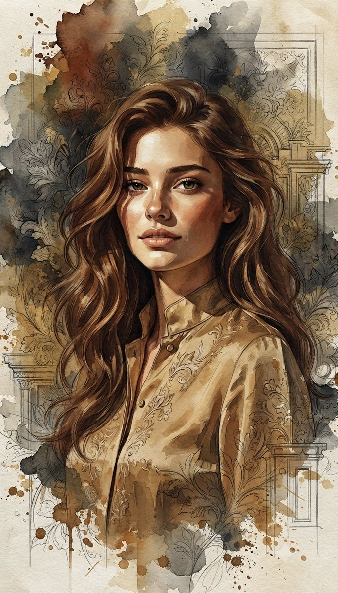 Elegant watercolor portrait with floral linework in vintage tones