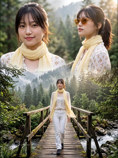 Three Views of Woman Merge in Misty Mountain Forest Portrait