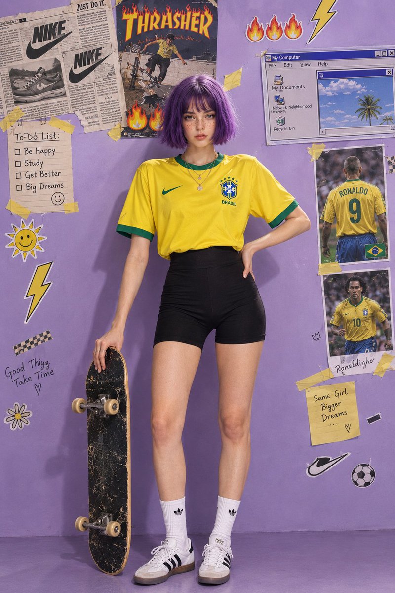Violet-Haired Model Poses with Skateboard in Yellow Jersey