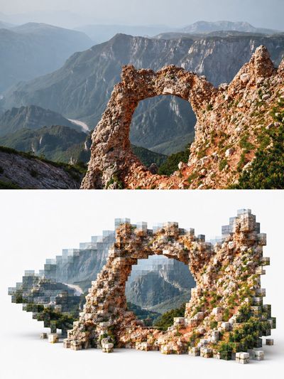 Pixel slices carve travel landmarks into glittering square mosaics