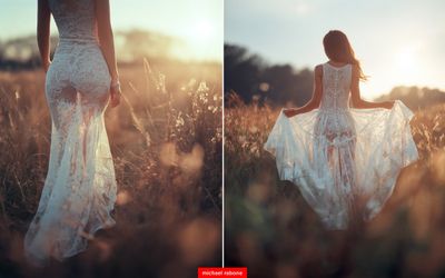 Timeless Elegance: Lace Wedding Dress in Golden Field
