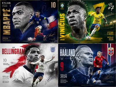 Four World Cup stars form a dynamic 2x2 grid poster
