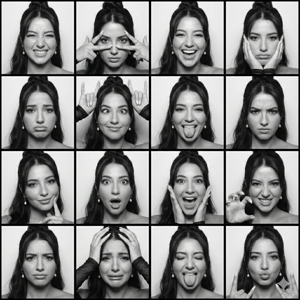 16 Faces, One Woman: A Black-and-White Photobooth Grid