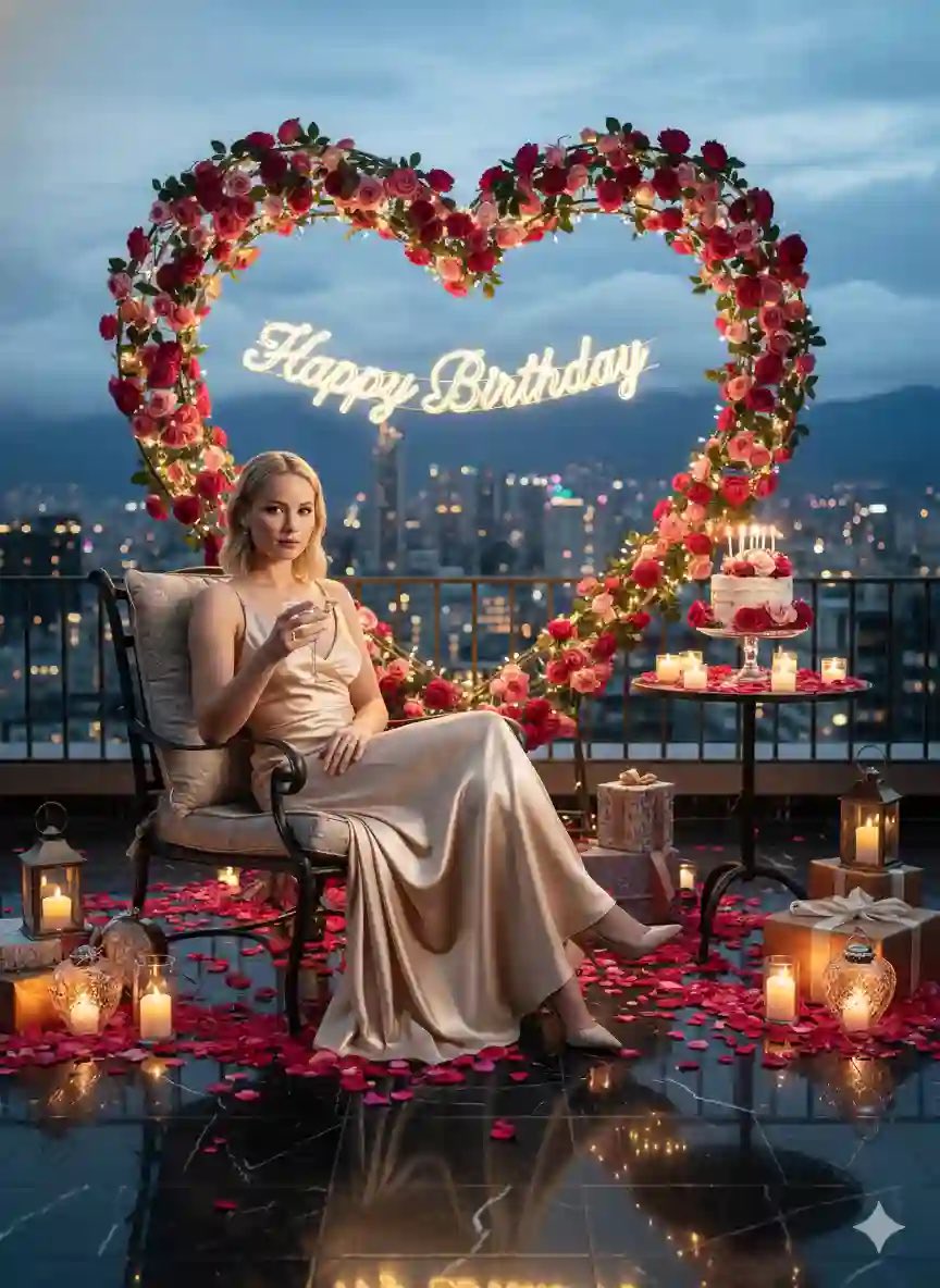 A woman in a champagne gown smiles at a romantic rooftop setup