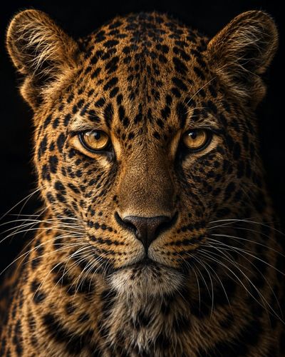 Black rosette leopard stares calmly into camera with amber eyes