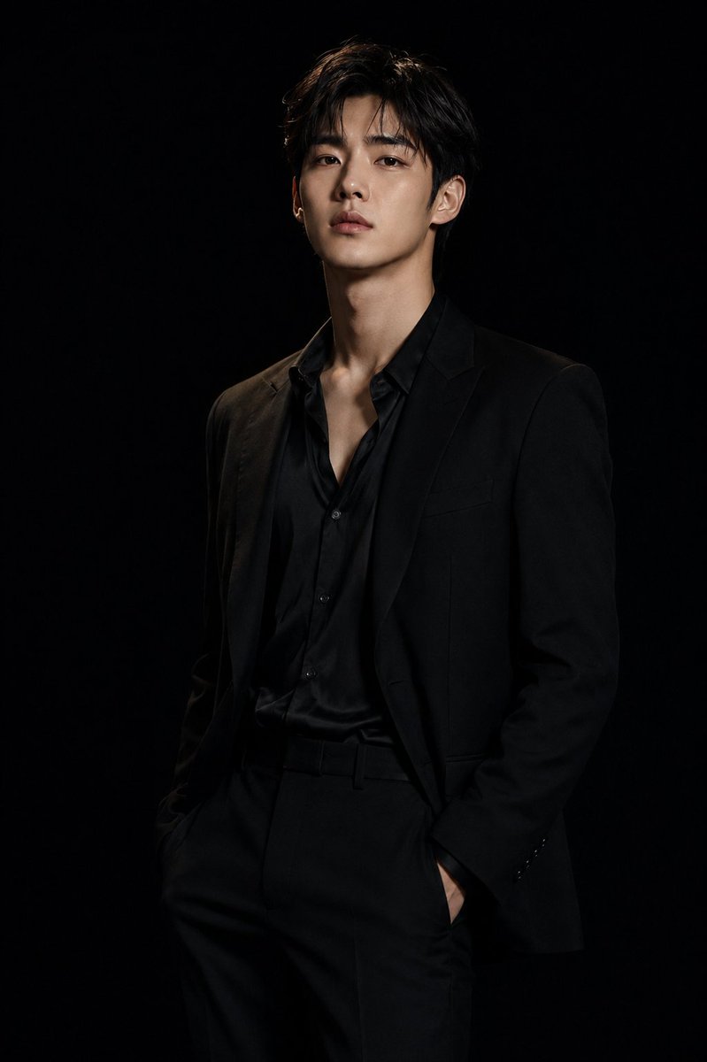 Korean man in sleek black suit poses in dramatic studio light
