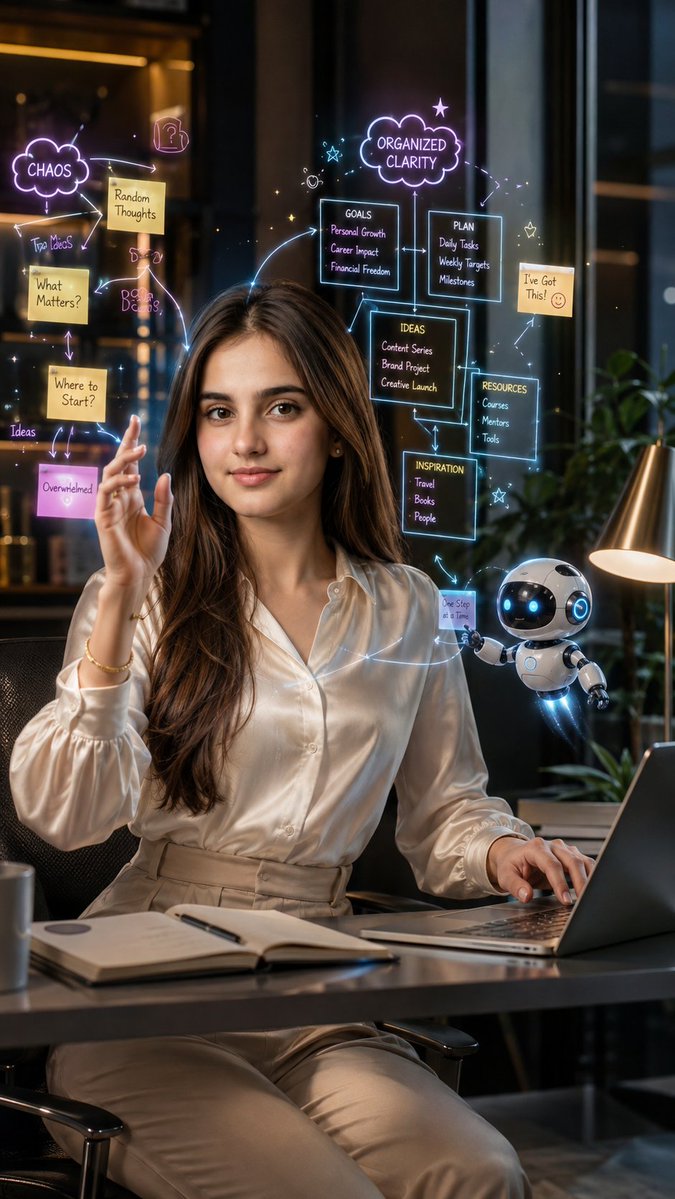 Woman in ivory blouse interacts with glowing holographic notes at desk