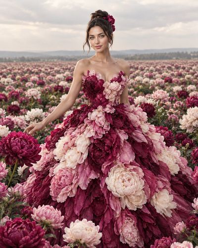 Elegant woman in peony petal gown stands in endless blooming field