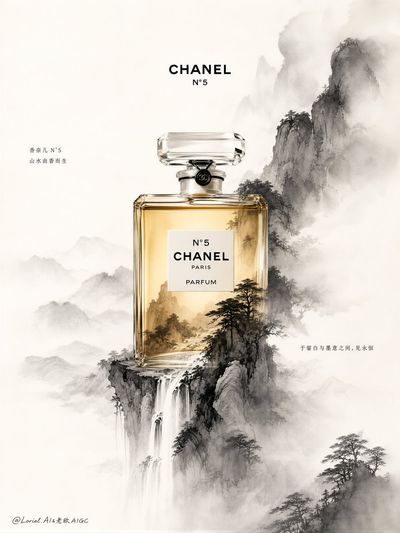 A crystal Chanel N°5 bottle births an ink-wash landscape