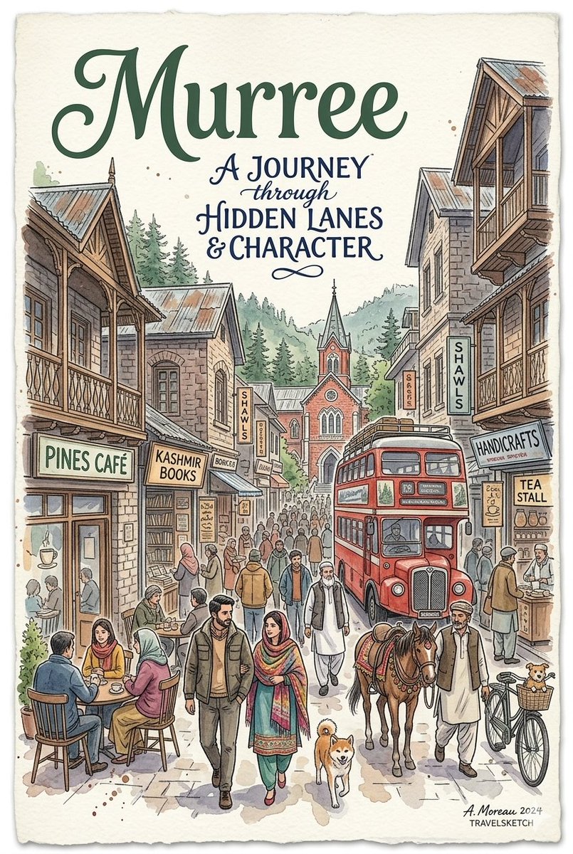A watercolor travel poster blends Murree charm with Toronto skyline