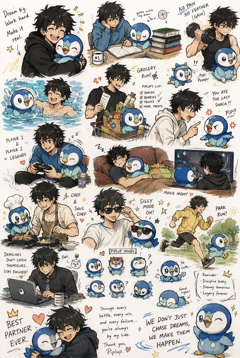 A boy and his Piplup chase dreams in a heartwarming anime collage