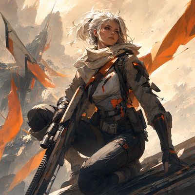 A warrior in ivory armor stands before a blazing orange sunset
