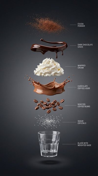 Exploded view of a chocolate coffee drink with floating layers