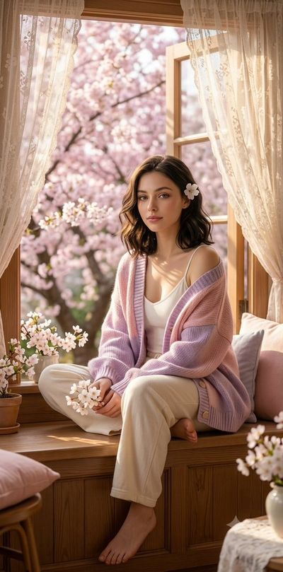 Woman with blossom sits by sunlit window in spring morning