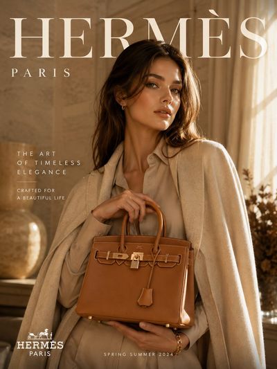 A flawless supermodel poses gracefully with a premium designer handbag