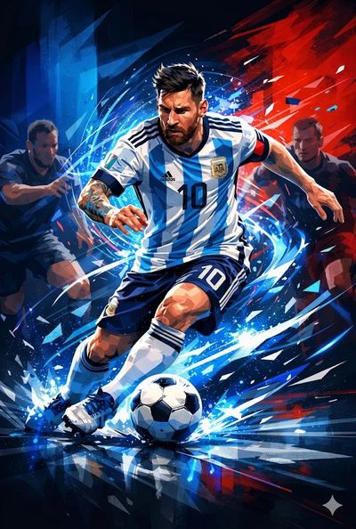 Messi runs through shattered light on a dramatic abstract pitch