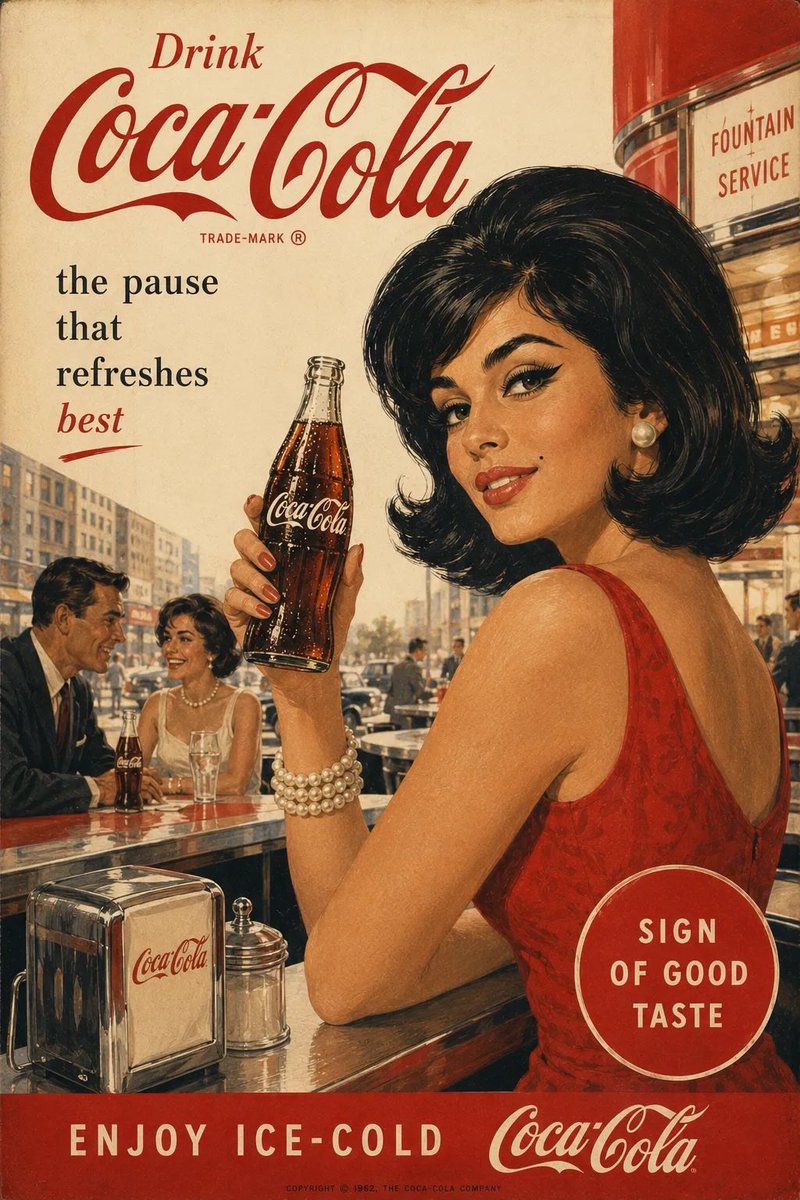 A stylish woman holds a frosty bottle in a vintage ad
