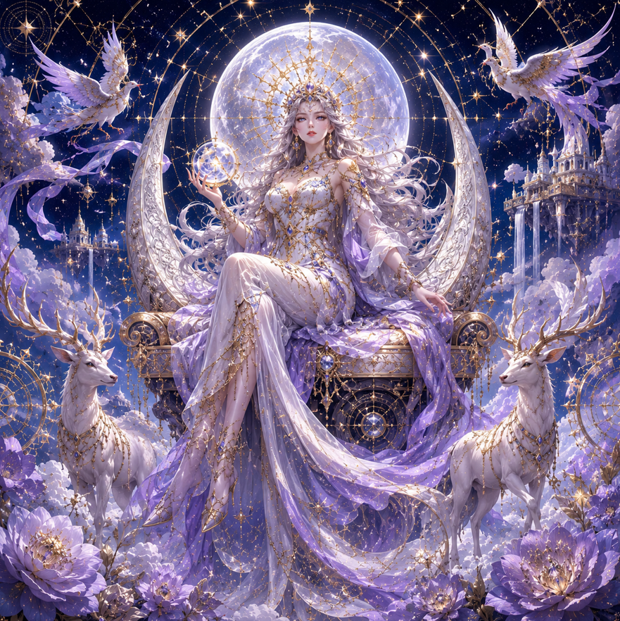 Moon Queen sits on a crescent throne under glowing stars