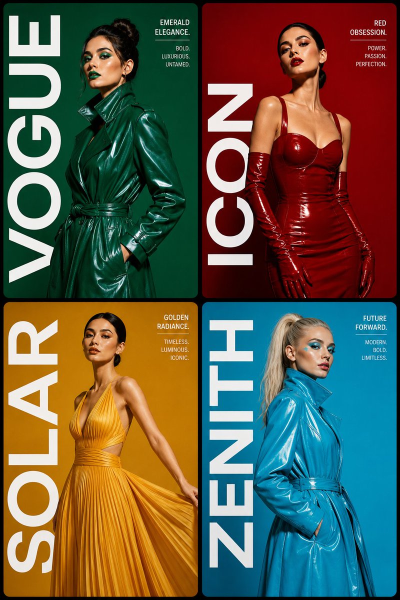 Four fashion models pose in a premium editorial grid layout
