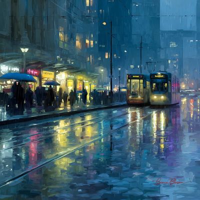 Neon Rain Reflections at a City Tram Stop