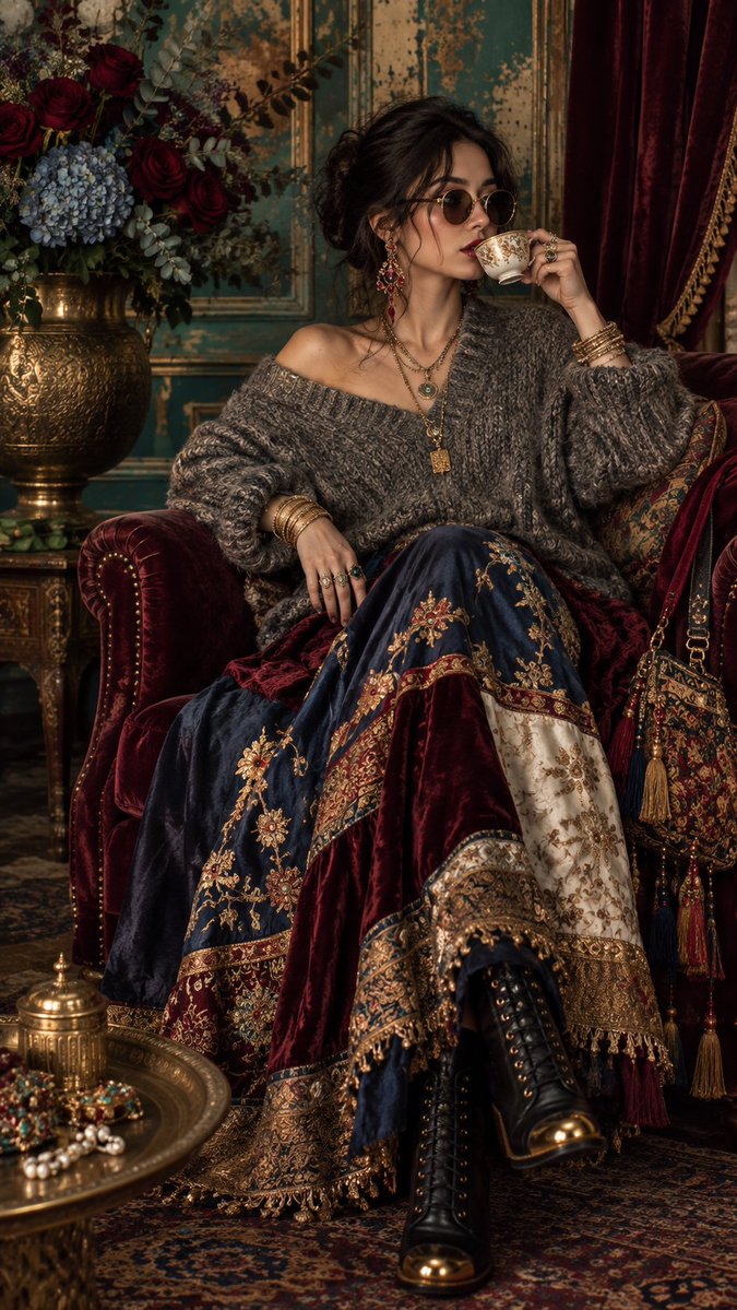 Woman in velvet armchair sips tea amid opulent bohemian glamour
