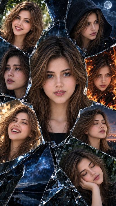 Shattered mirror reveals seven emotional faces of a woman
