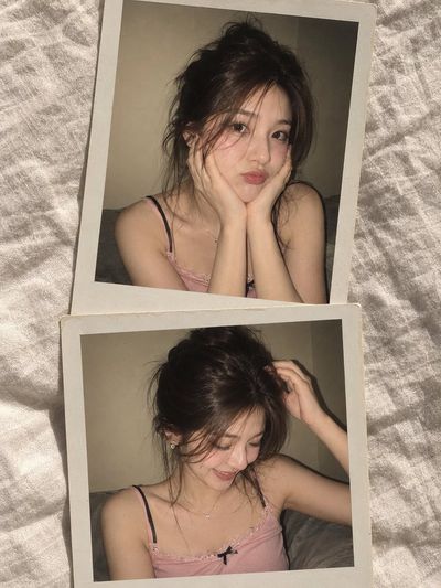 A woman in a pink camisole poses for two Polaroid snapshots