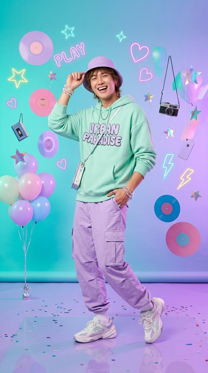 A kawaii model poses in pastel goth streetwear under neon lights