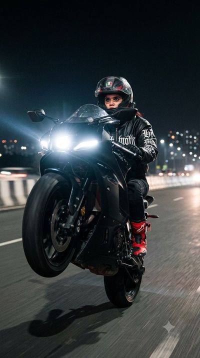 Fearless woman pops a vertical wheelie on a black sportbike at night