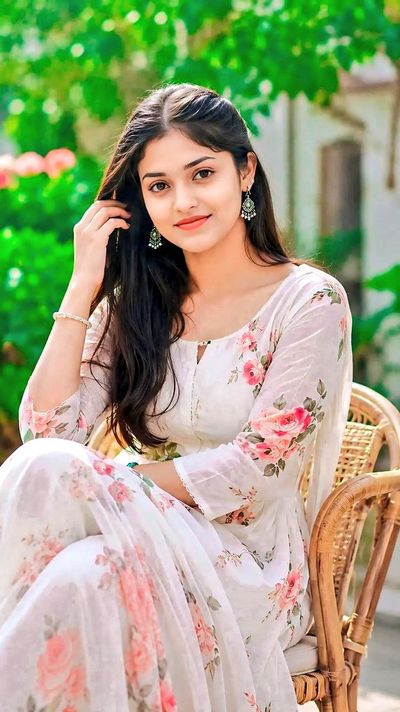 South Asian girl smiles in garden wearing floral dress
