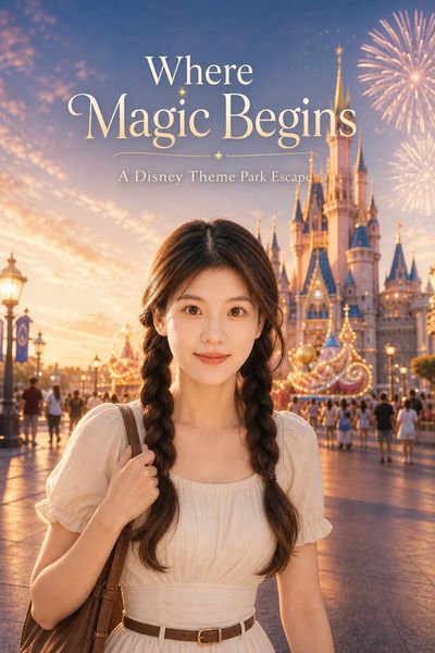 A young woman marvels at a glowing Disney castle at golden hour