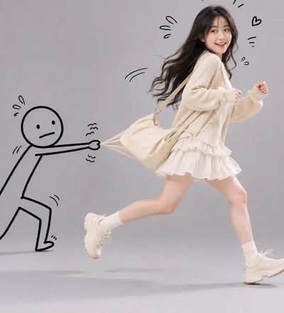 A playful stick figure tugs a Korean girl's pastel hoodie in a studio