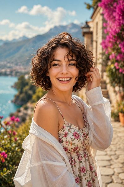 Woman in floral dress touches curly hair by turquoise lake