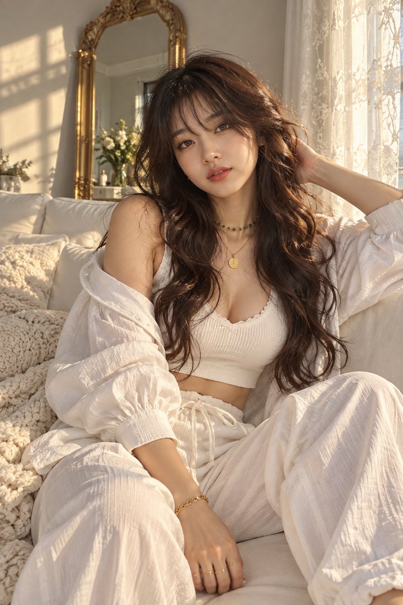 Woman in white lounges on cream sofa in golden light