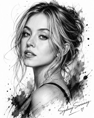 Elegant graphite portrait captures her confident gaze and soft smile