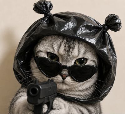 Chubby British Shorthair cat wears black plastic bag hood and heart sunglasses