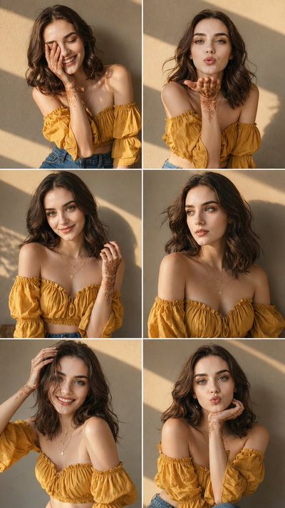 Woman in mustard crop top poses in six candid golden hour portraits
