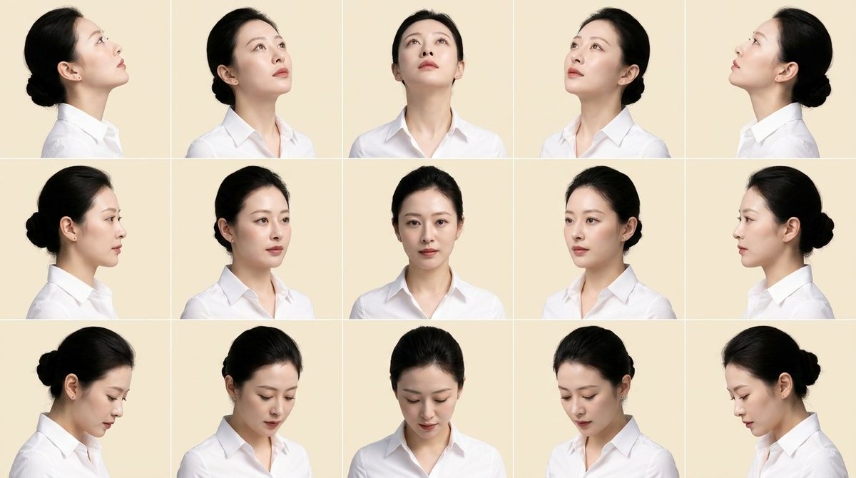 Fifteen-Panel Grid Shows Head Tilt Variations in a Portrait Study