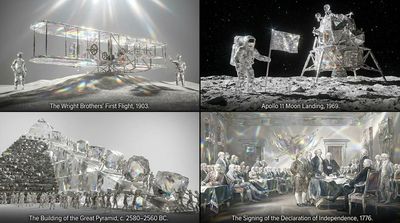 Four historical scenes rendered as raw diamond in a grid
