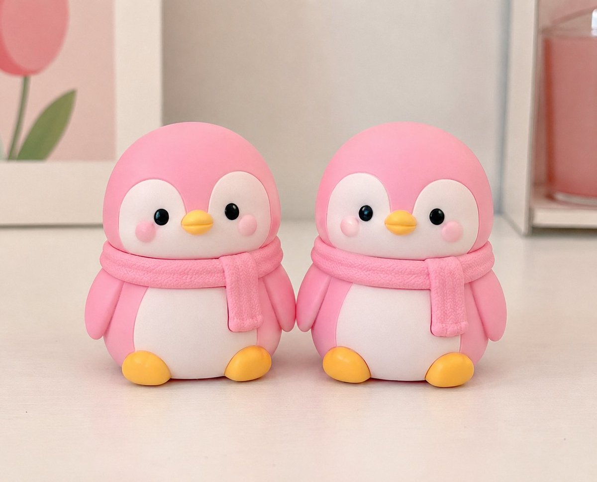 Two adorable pink penguin figurines on pastel tabletop