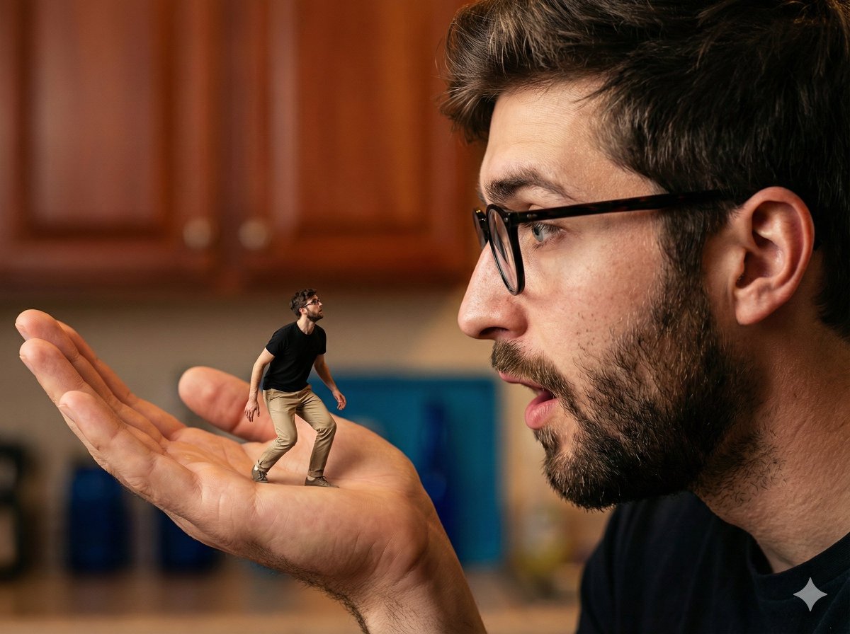 Dramatic Scale: The Astonished Giant and His Miniature World