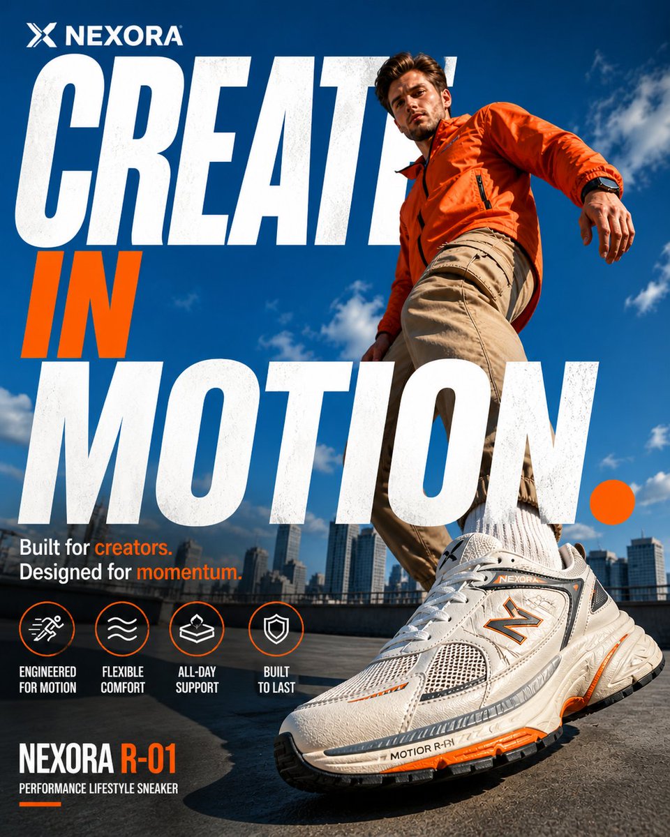 NEXORA Motion Poster with Oversized Sneaker Focus