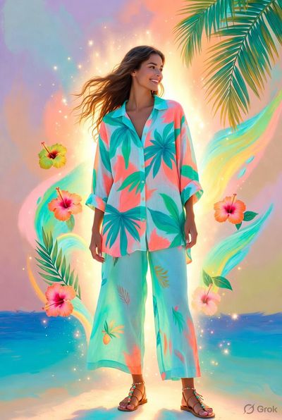 Radiant woman in tropical pink linen shirt beams joyfully